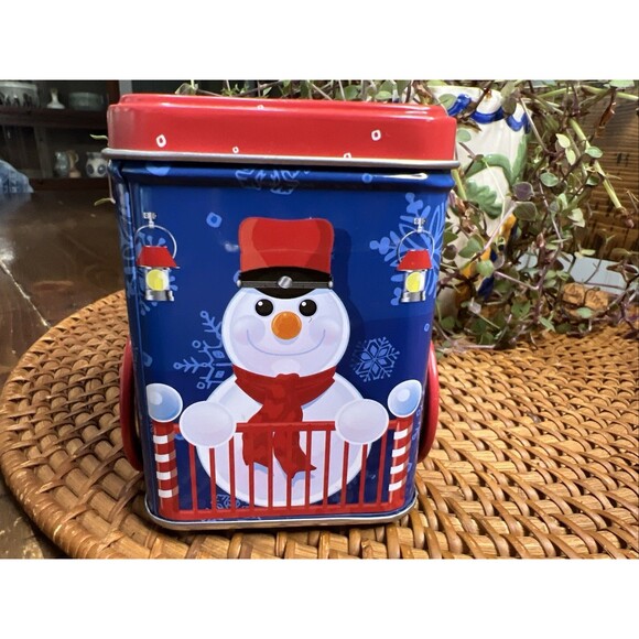 Blue Tin Train Engine With Snowmen, Container , NWOT, Holiday , Christmas - Picture 2 of 7